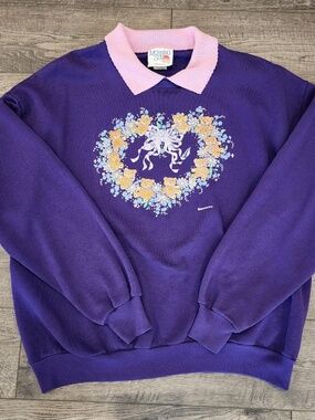 Vintage Morning Sun Teddy Bear Floral Collar Size XL Purple USA Sweatshirt